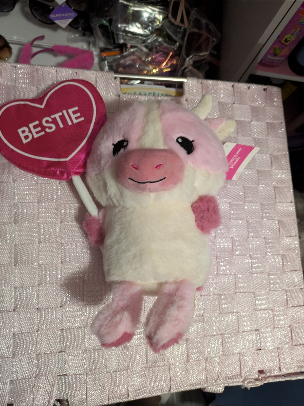 Plush Pink & Cream Cow Stuffed Animal - Bestie Heart Accessory